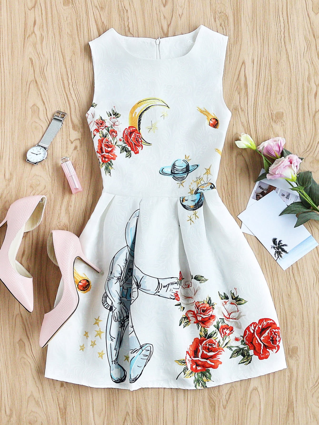 Roses Print Embossed Fit & Flare Dress