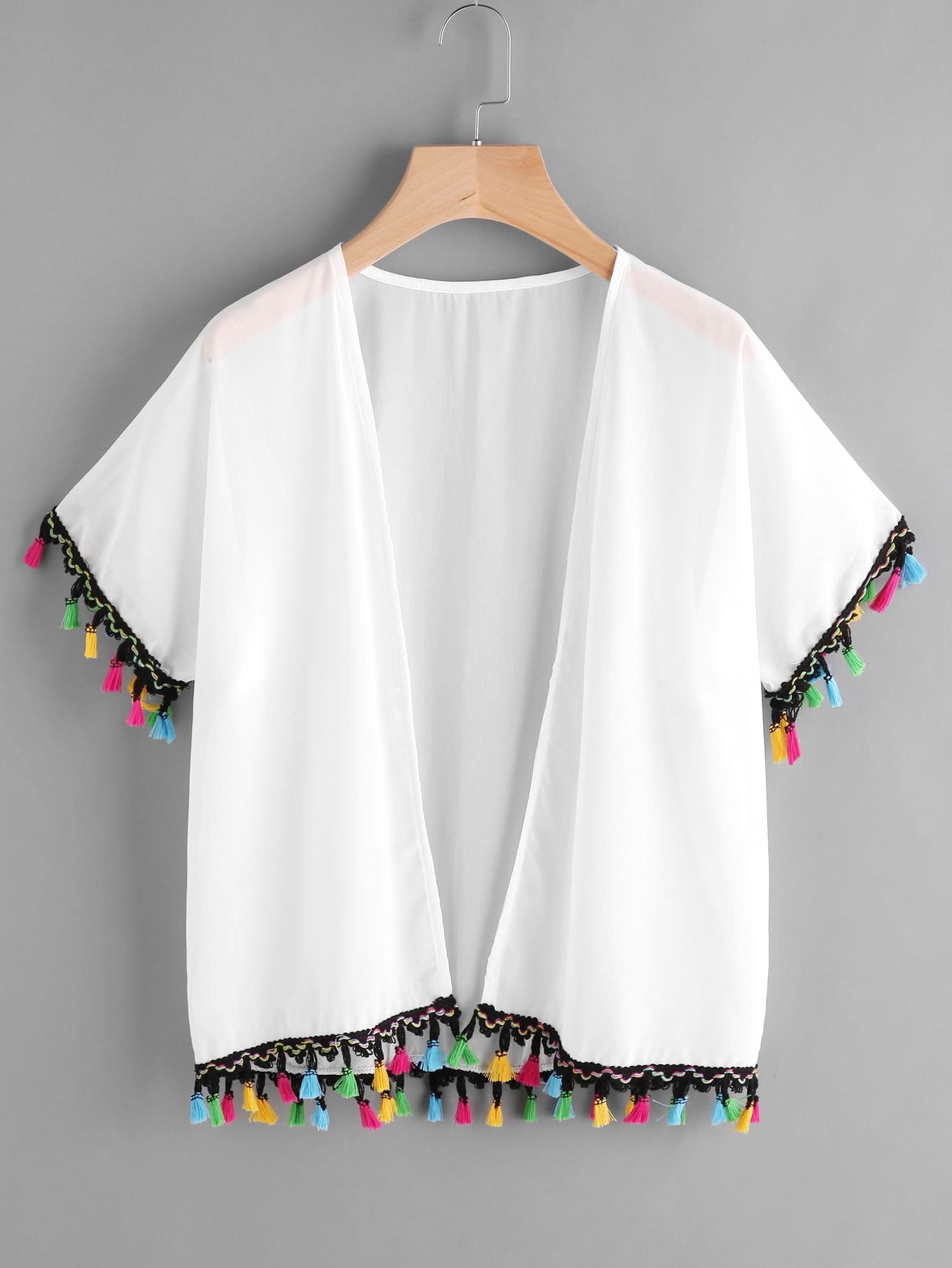 Tassel Trimmed Chiffon KimonoFor Womenromwe