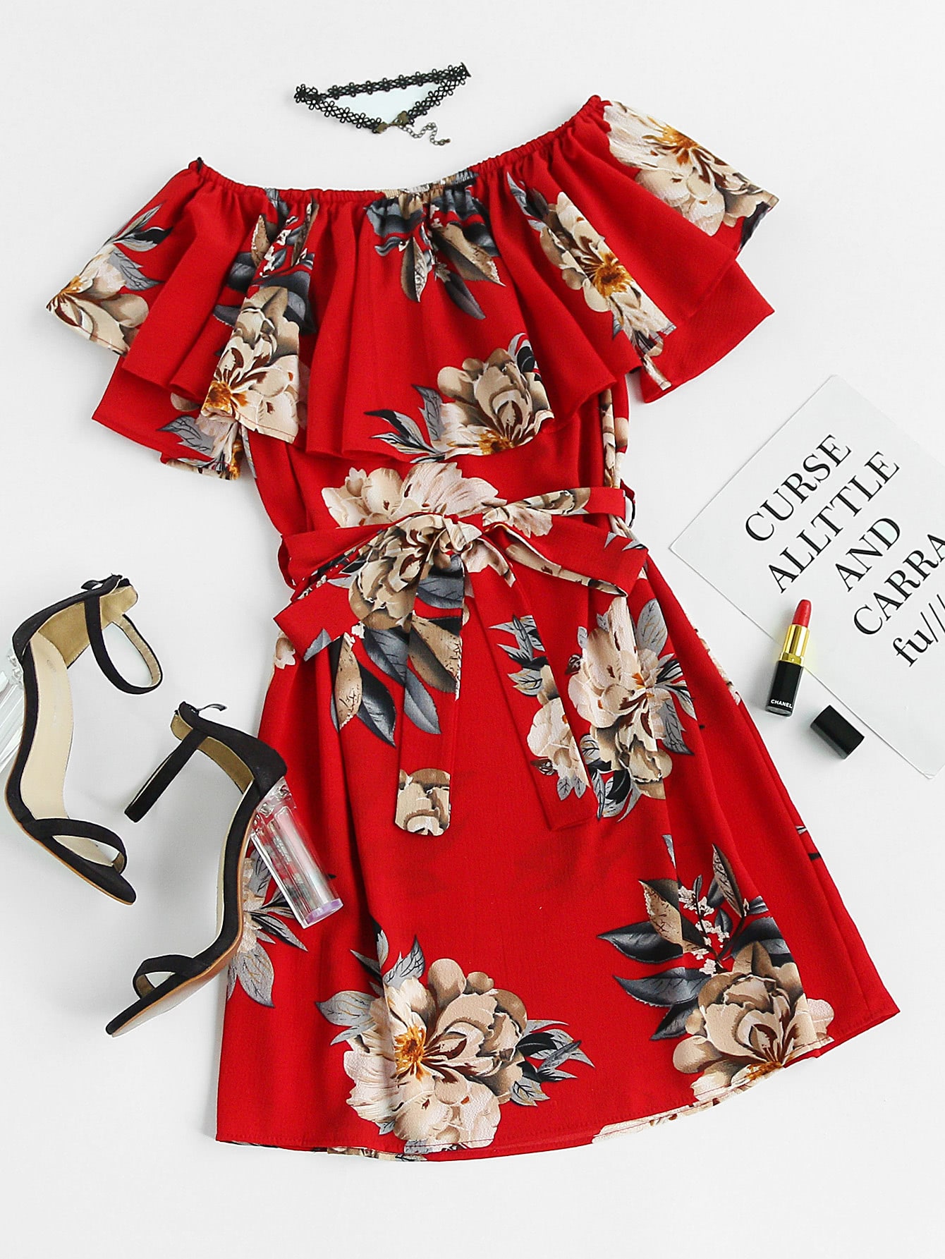 Floral Print Layered A Line Dress With Belt