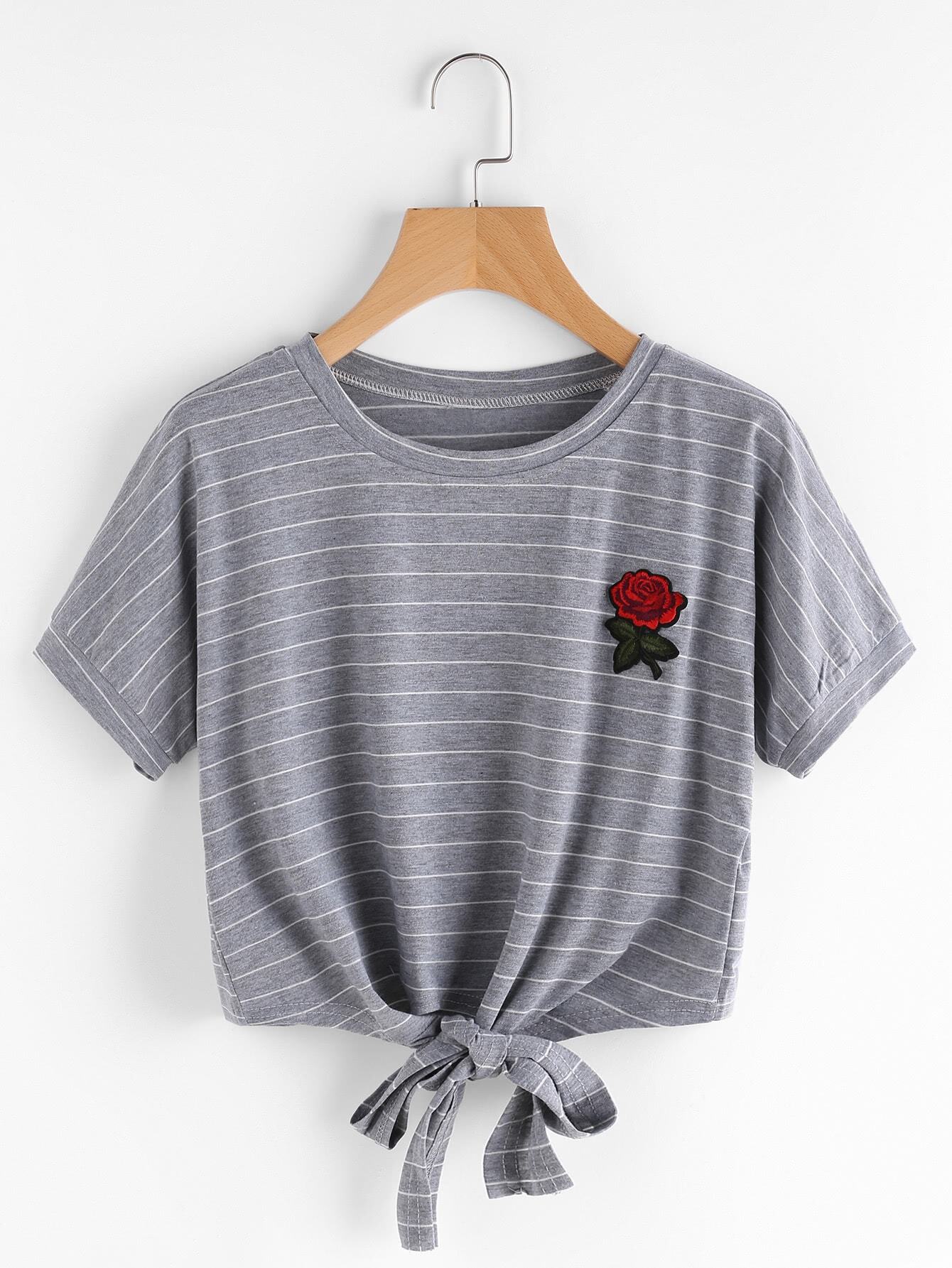 Rose Patch Striped Knot Front Tee