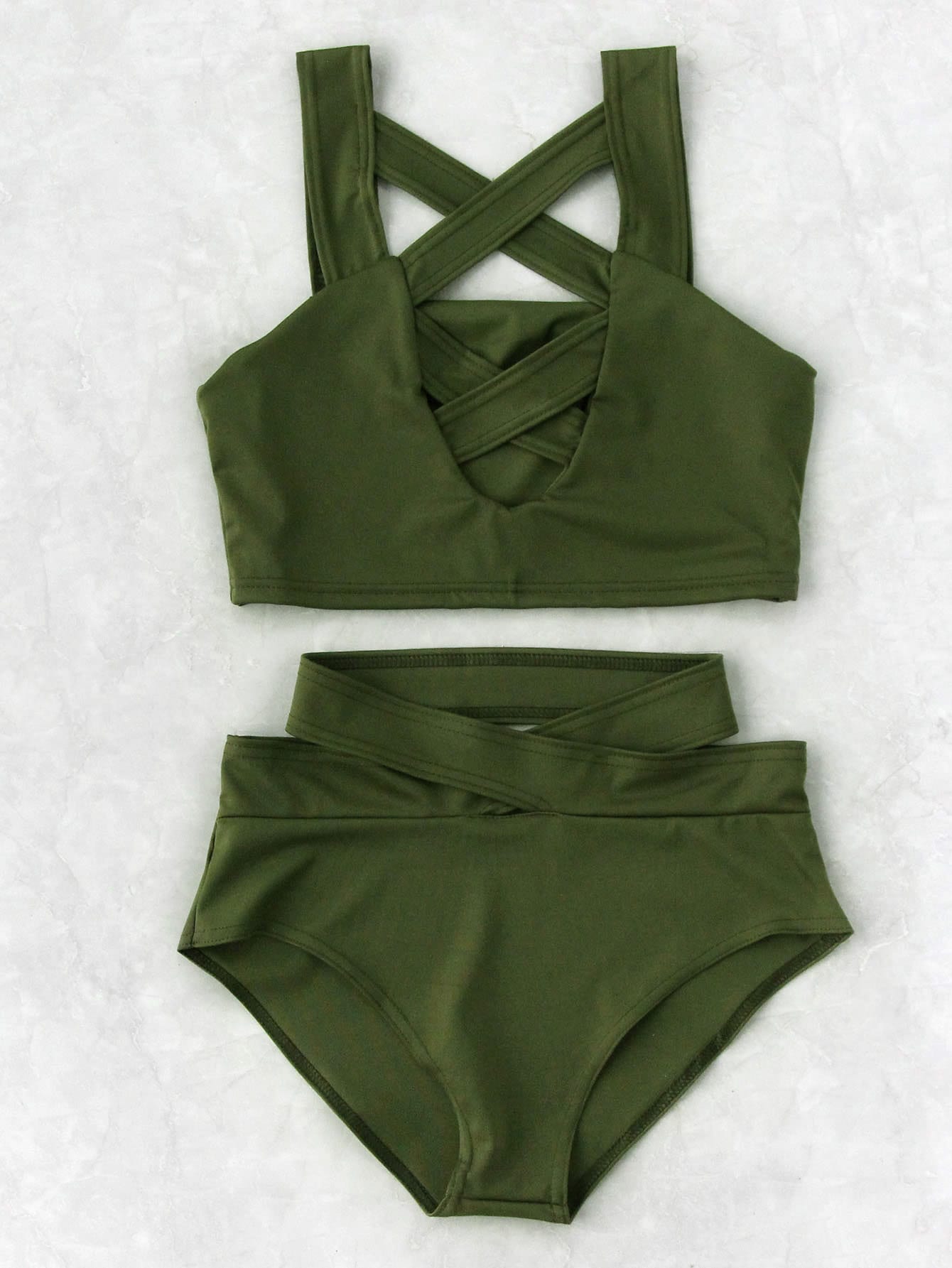 Criss Cross Cut Front High Waist Bikini Set