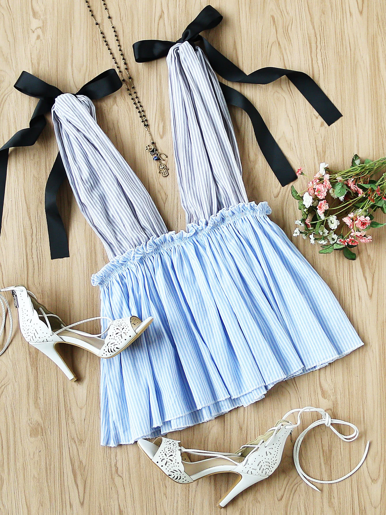 Tie Shoulder Striped Plunge Peplum Top