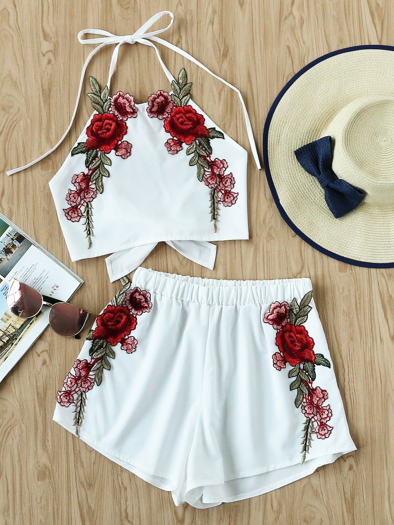 Rose Applique Bow Tie Open Back Top And Shorts Set