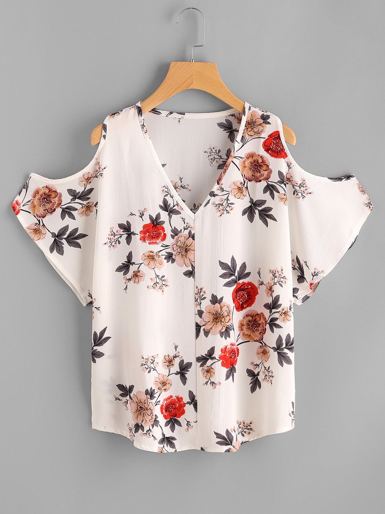 V Neckline Open Shoulder Calico Print Top