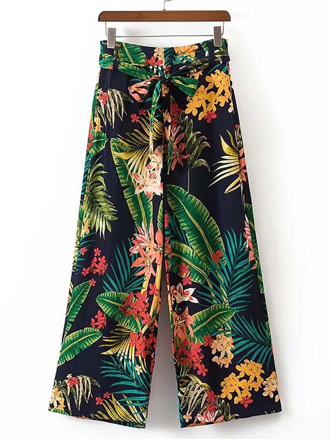 Tropical Print Tie Waist Wide Leg Pants