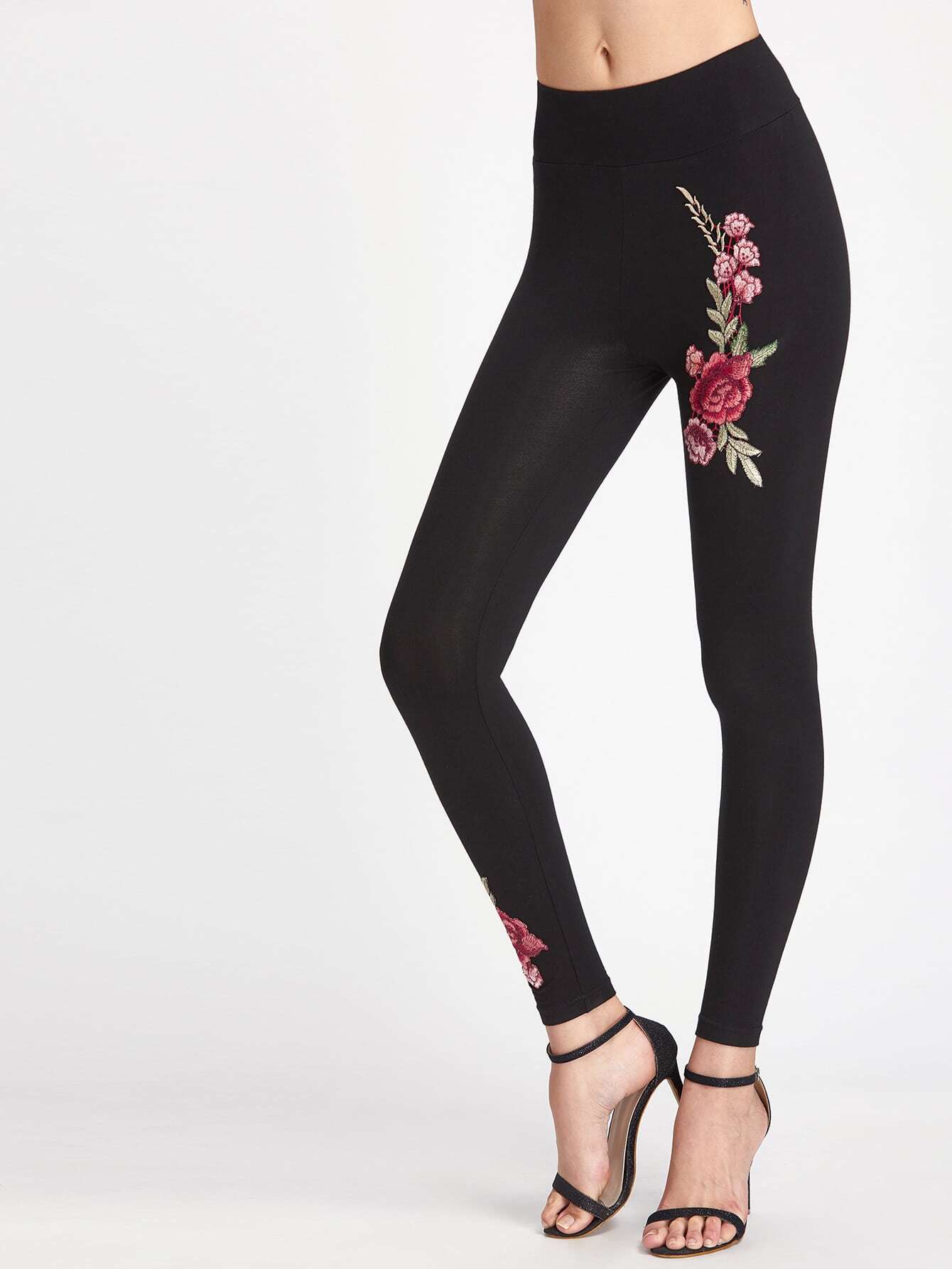 Embroidered Patch Detail Wide Waistband Leggings