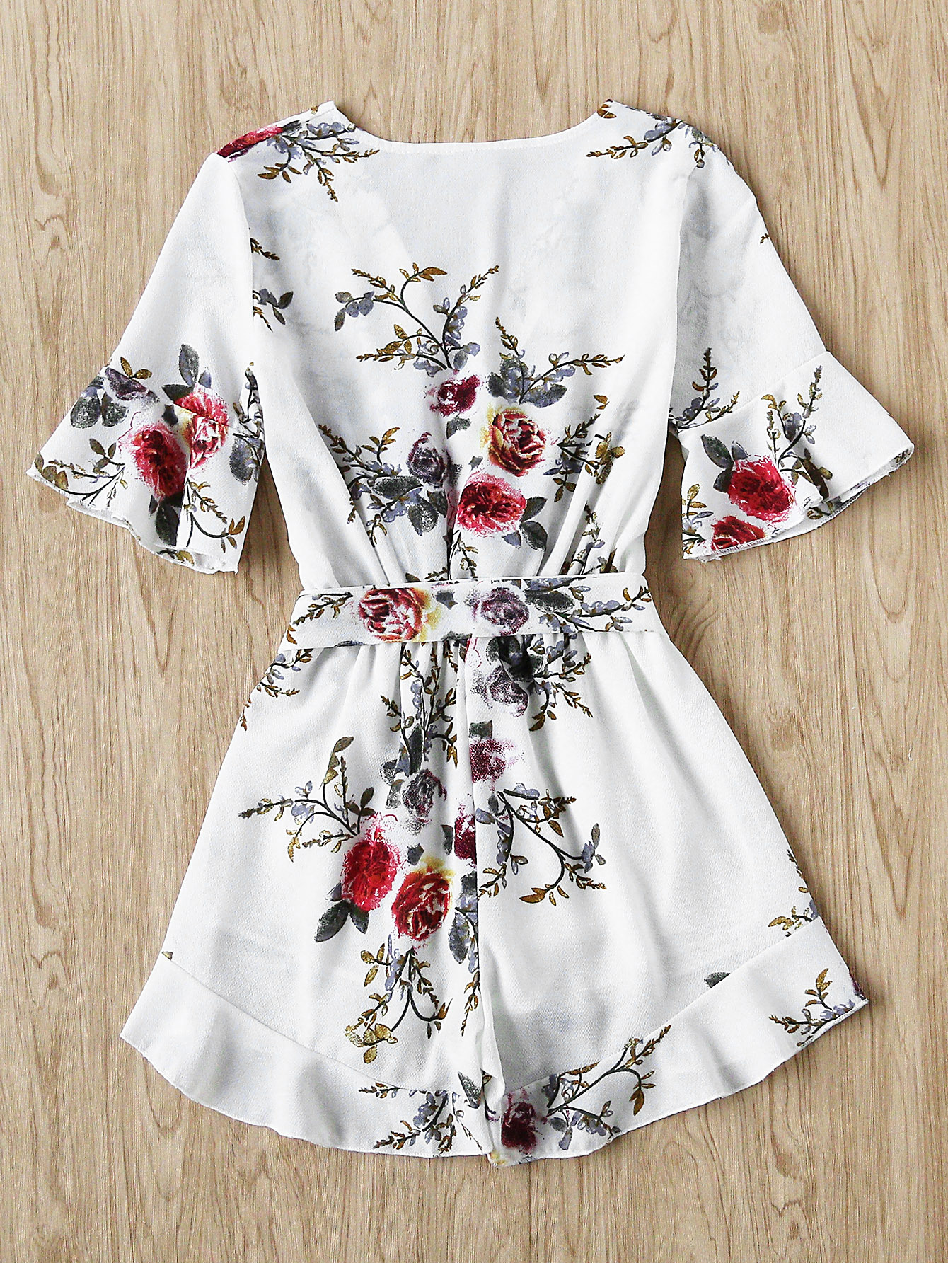 Floral Print Random Wrap Front Romper With BeltFor Womenromwe