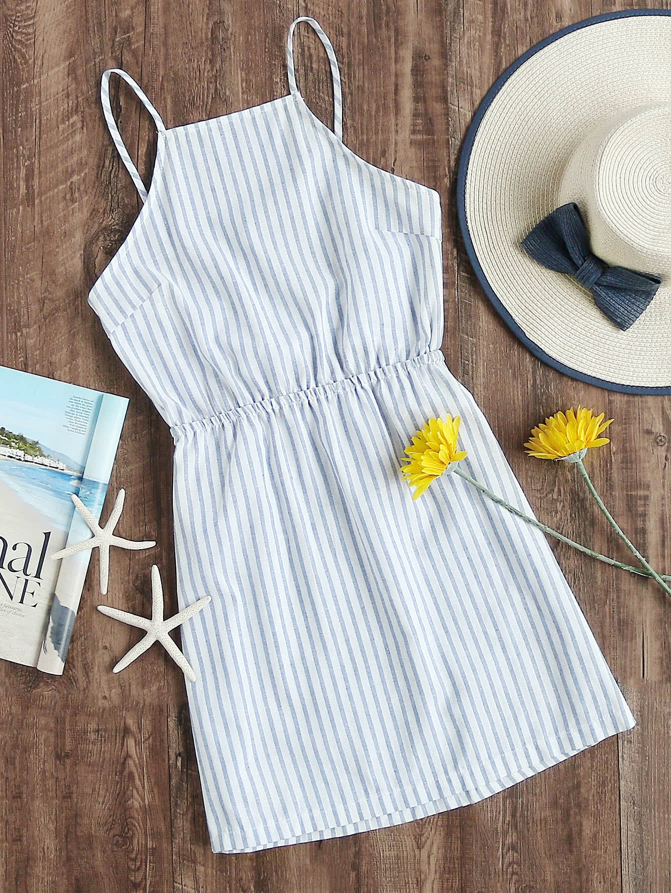 Striped Cut Out Bow Tie Open Back Cami Dress