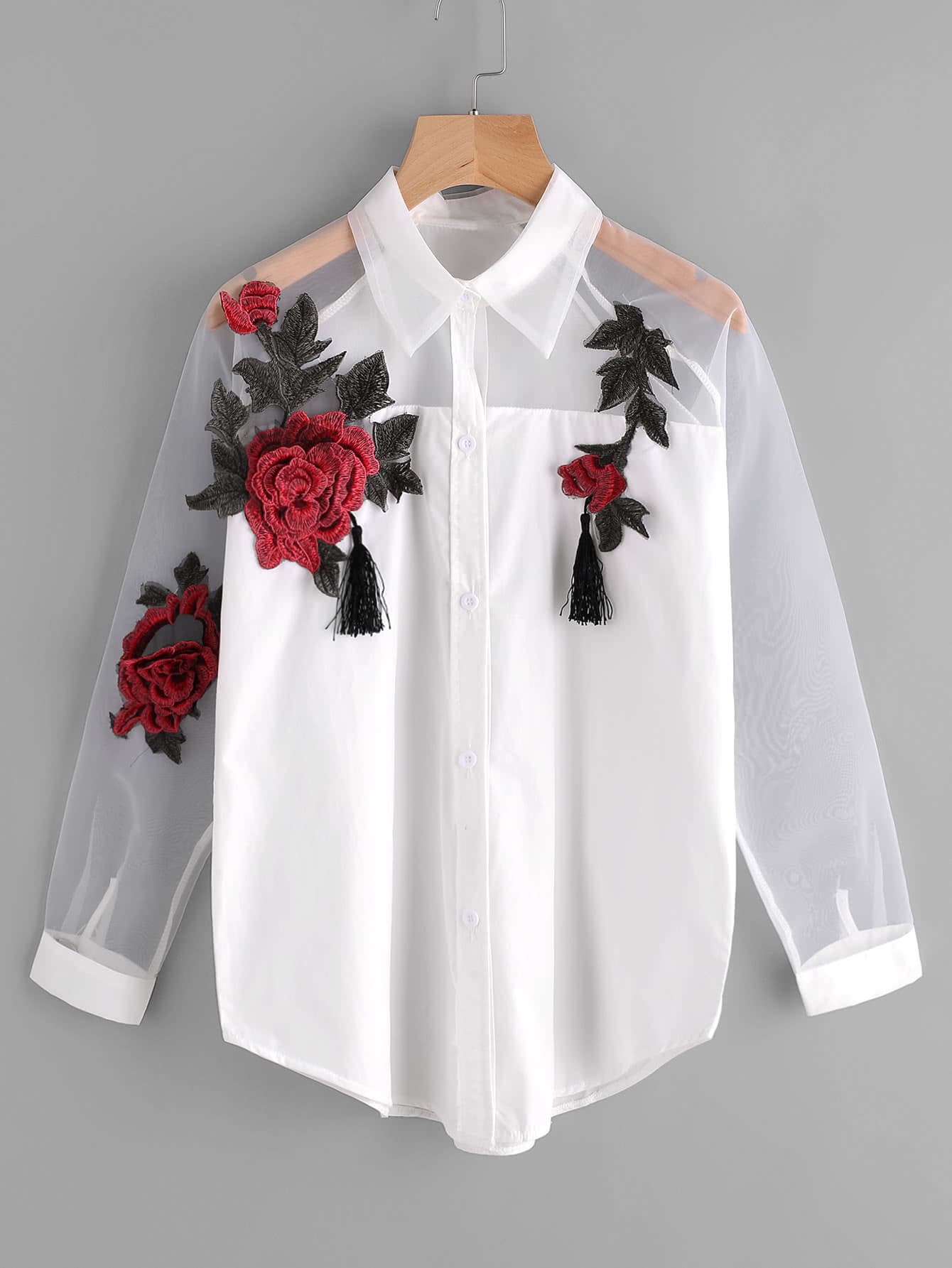 Appliques Tassel Detail Shirt With Sheer Mesh Panel