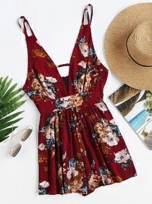 Plunging V-neckline Floral Print Random Backless Cami Romper