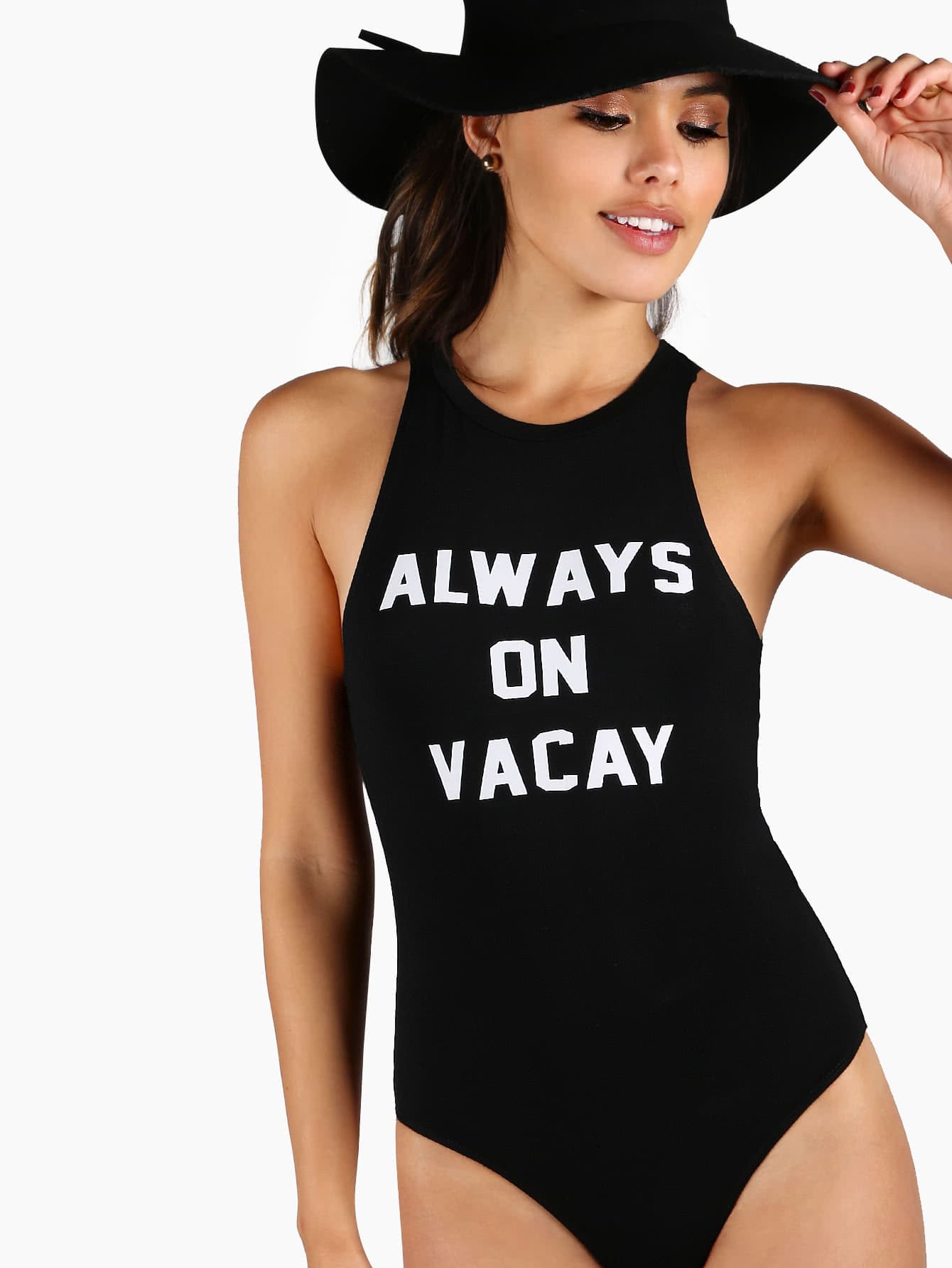 Slogan Print Racer Front Bodysuit
