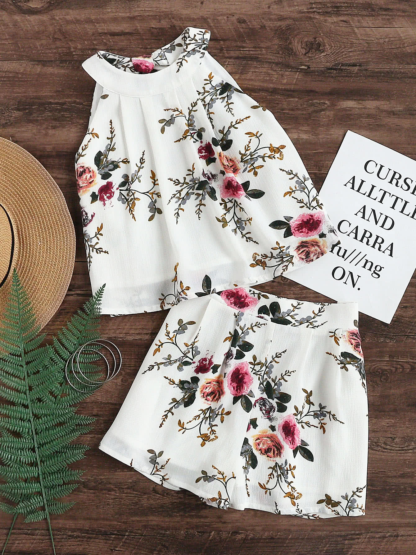 Flower Print Keyhole Tie Back Pleated Halter Top And Shorts Set