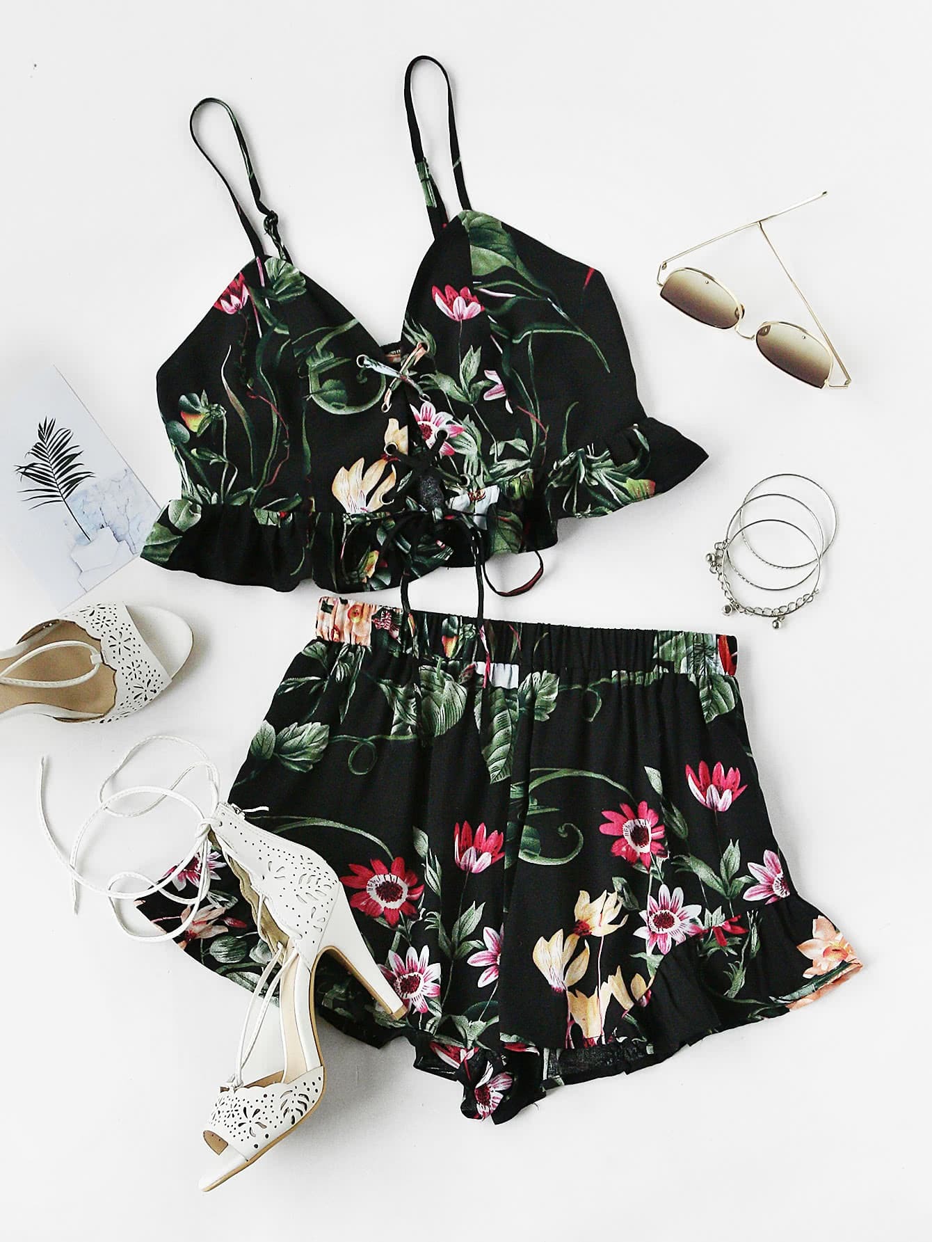 Botanical Print Lace Up Smocked Cami And Ruffle Shorts Co-Ord