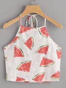 Watermelon Print Frayed Dot Detail Halter Top