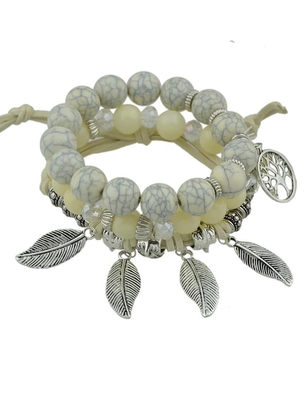 Beige Color Boho Feather Charms Multilayers Elastic Beads Chain Bracelet