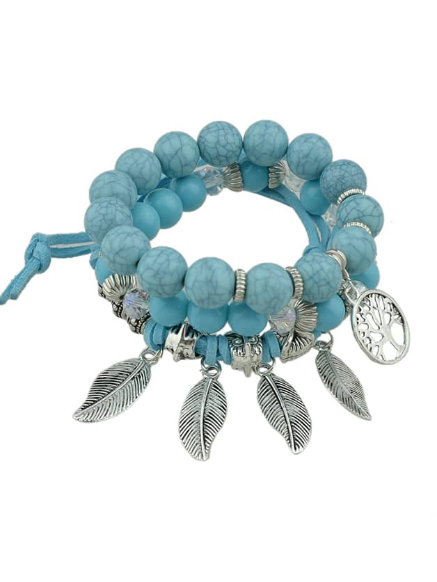 Blue Color Boho Feather Charms Multilayers Elastic Beads Chain Bracelet