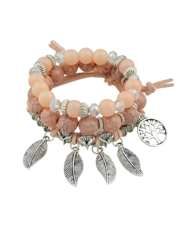 Pink Color Boho Feather Charms Multilayers Elastic Beads Chain Bracelet