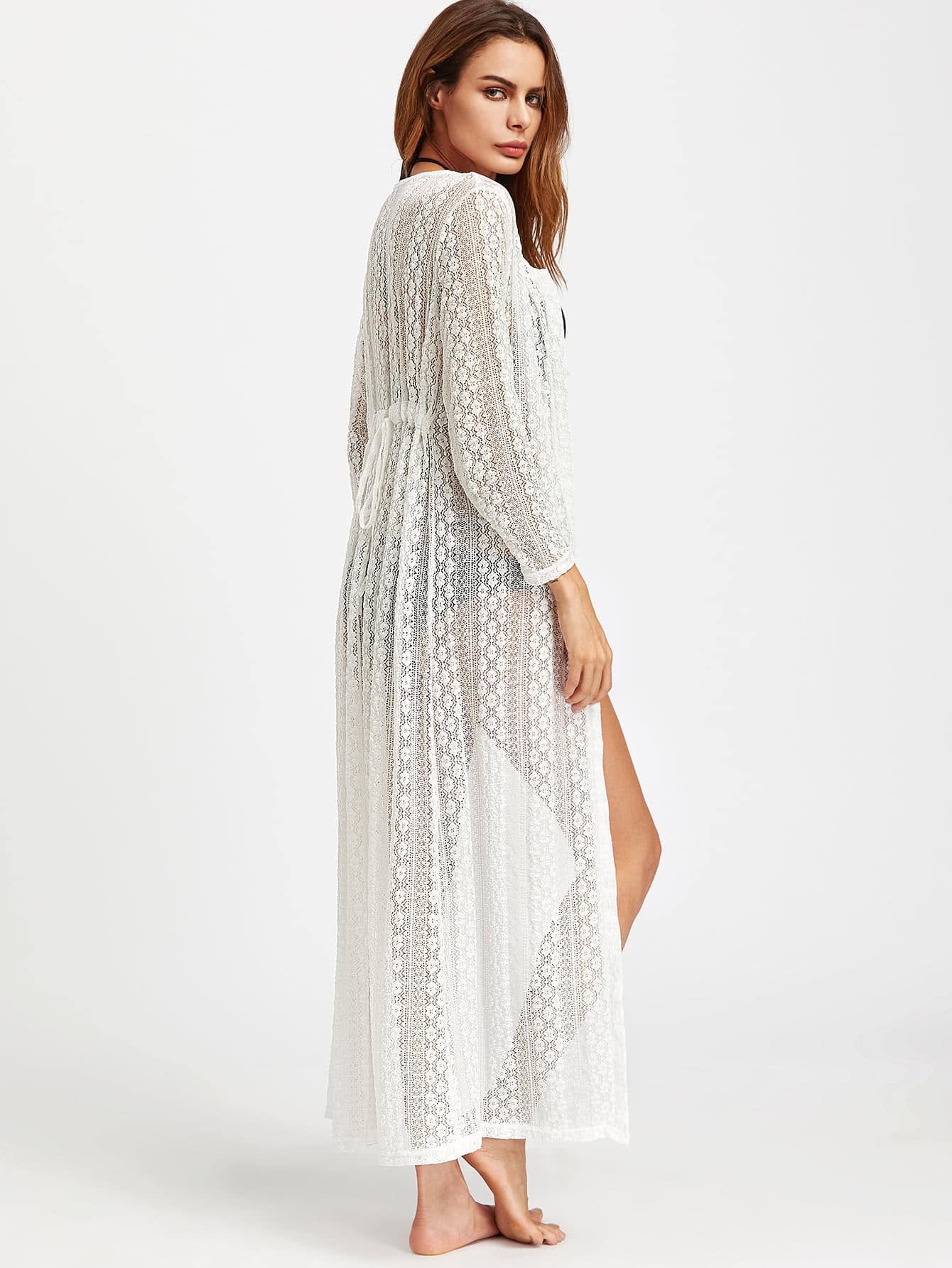 Drawstring Back Maxi Lace Crochet Beach KimonoFor Womenromwe