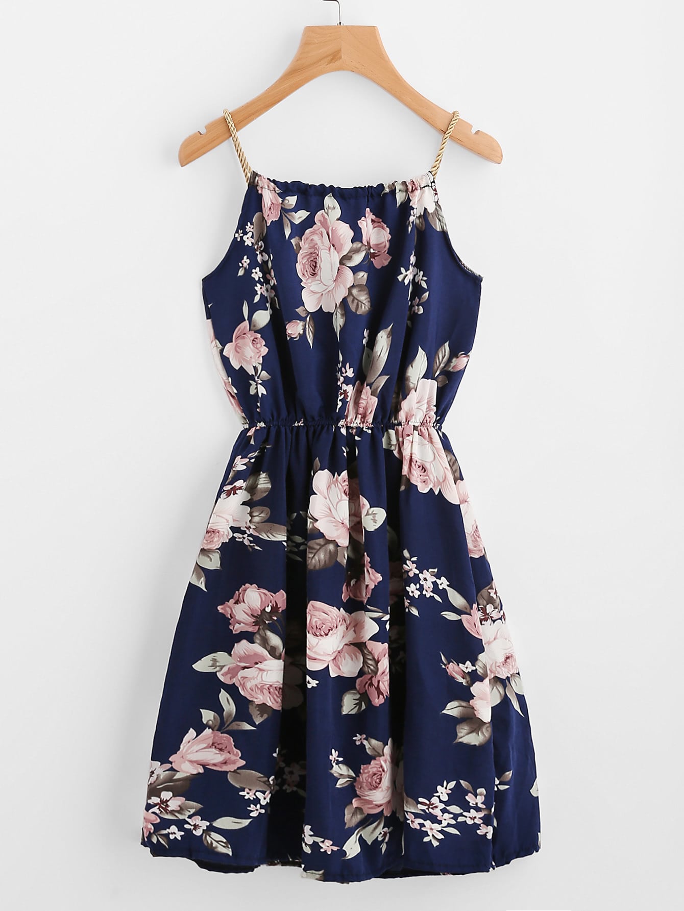 Braided Bead Strap Tie Front Flower Print Dress