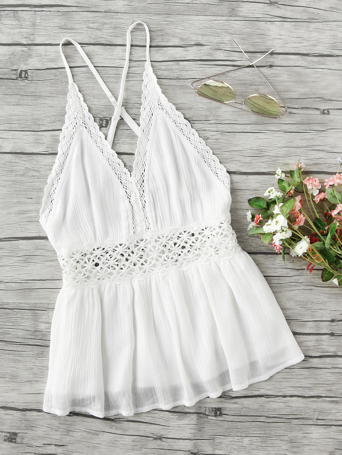 Lace Trim Criss Cross Backless Pleated Cami Top