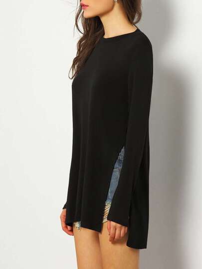 Black Dip Hem Split Side Casual T-shirt