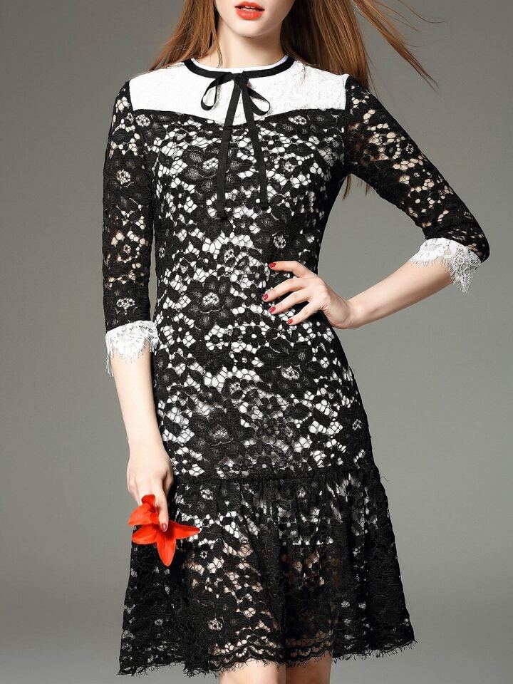 Our Black Tie Neck Drop Waist Lace Dress is such a vibe - ROMWE
