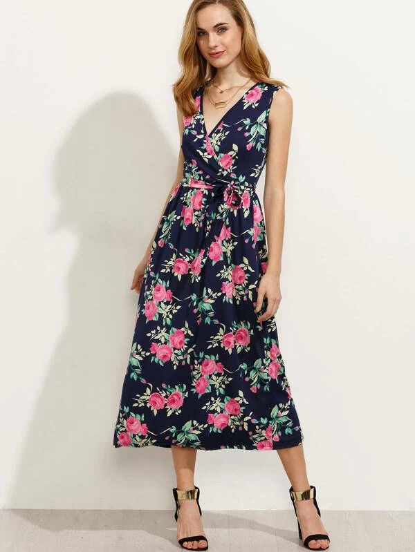 navy floral print wrap dress