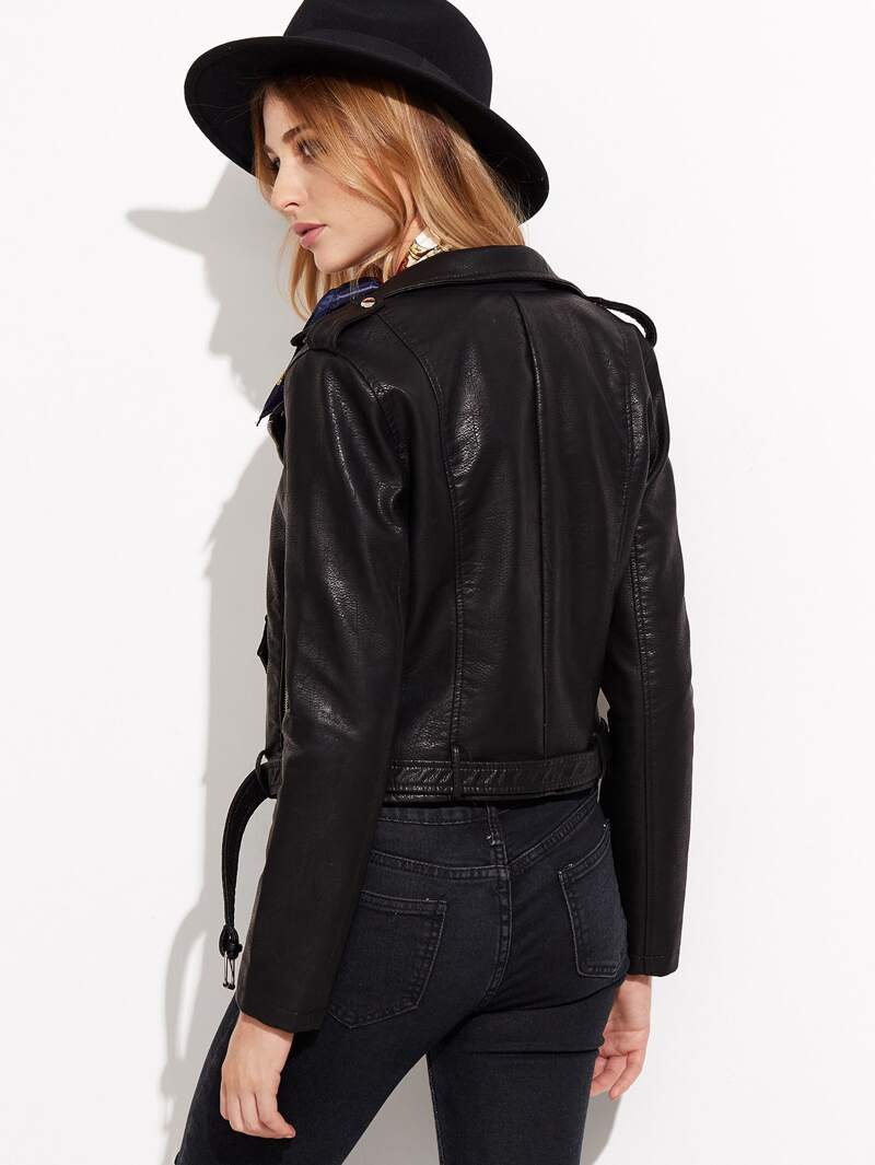 Black Faux Leather Belted Moto Jacket With Zipper
