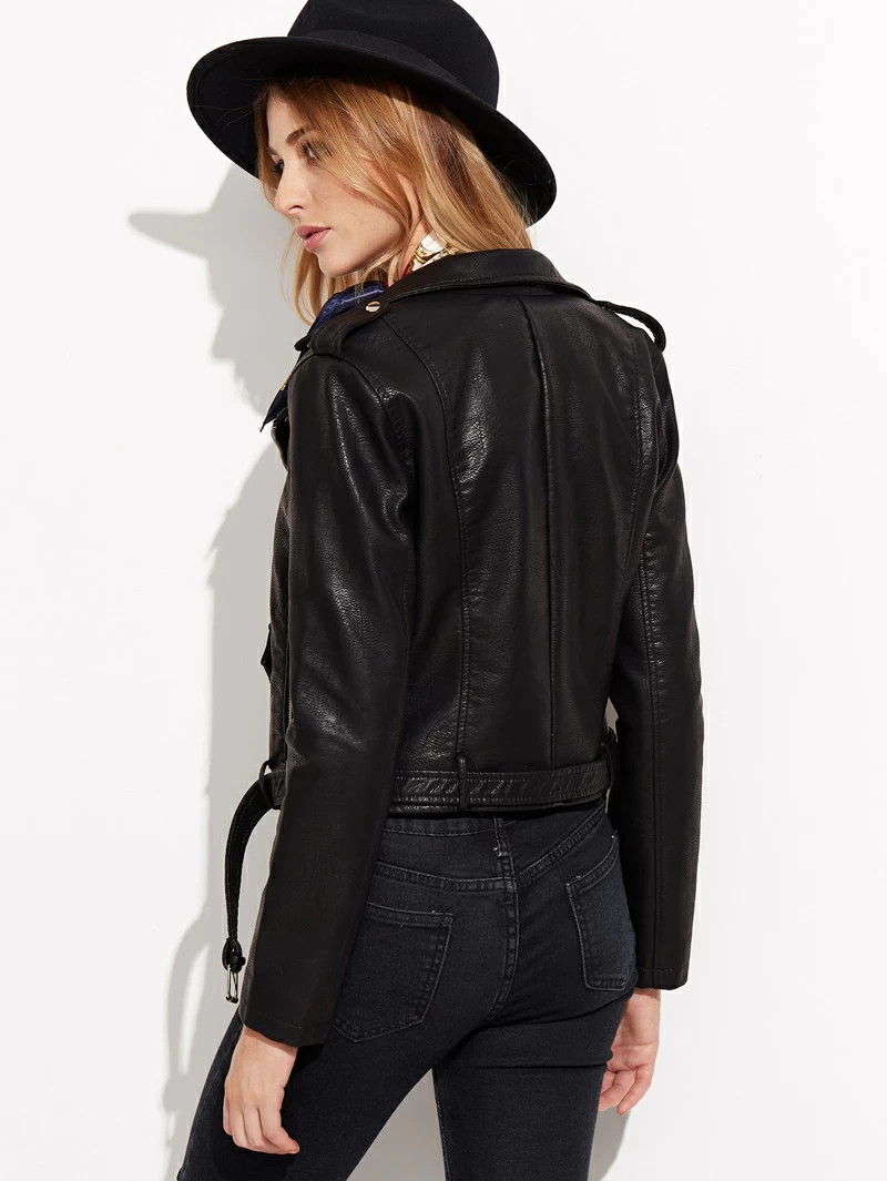 Black Faux Leather Belted Moto Jacket With Zipperfor Women Romwe Black Faux Leather Belted Moto Jacket With Zipper