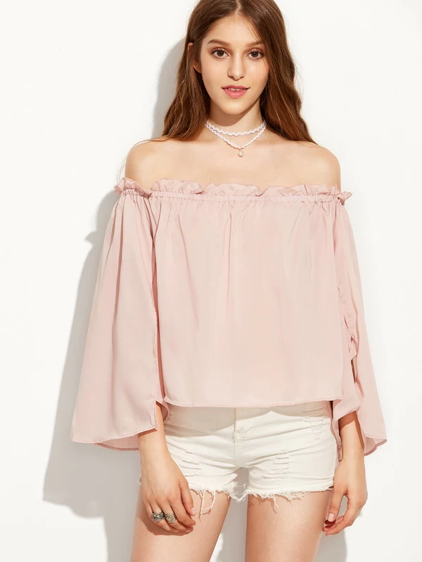Blusa de volantes hombros descubiertos manga acampanada BLUSA VOLANTES HOMBROS DESCUBIERTOS