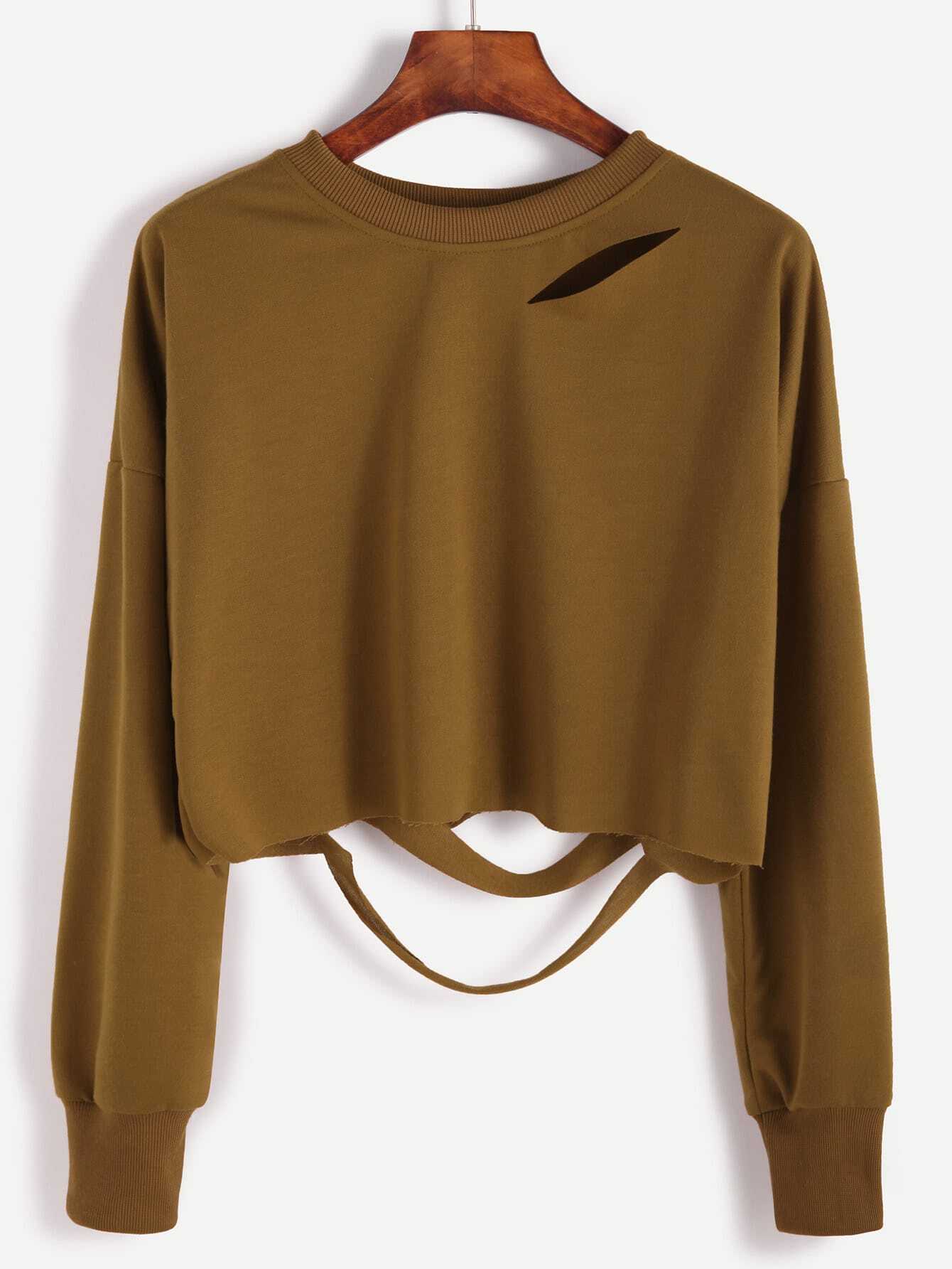 Khaki Drop Shoulder Cut Out Crop Tshirt ROMWE