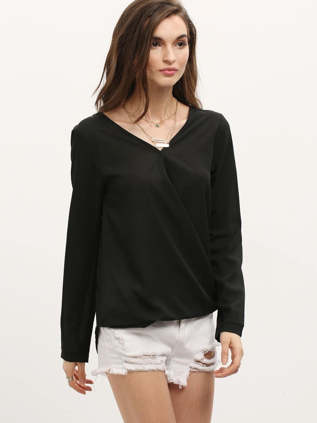 Black V Neck Long Sleeve Loose BlouseFor Women-romwe