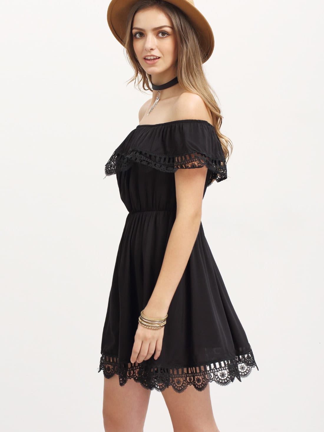 Black Off the Shoulder Lace Casual DressFor Women-romwe