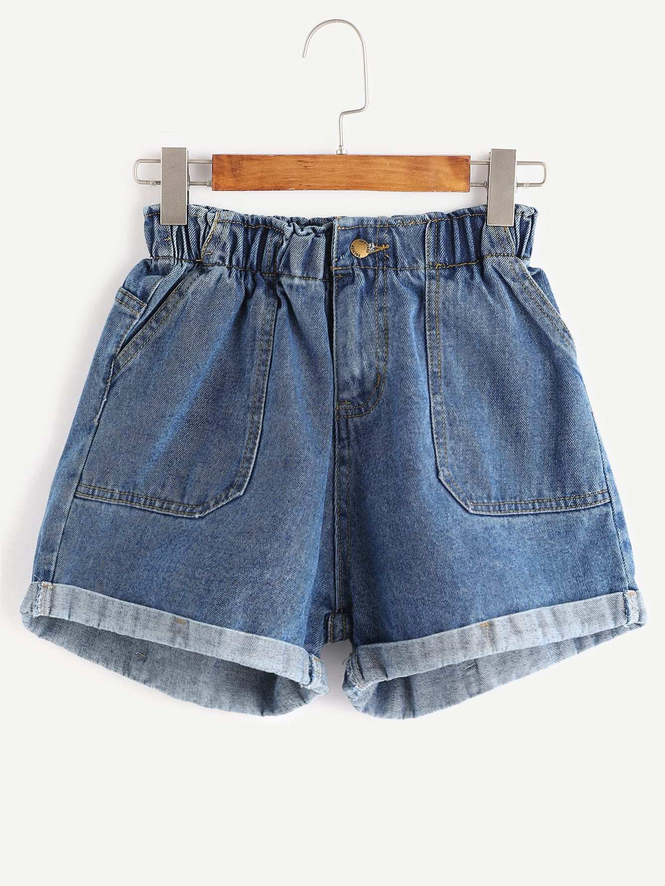 Blue Elastic Waist Rolled Hem Denim ShortsFor Women-romwe