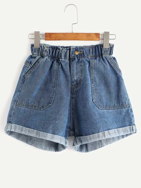 elastic waist rolled hem denim shorts
