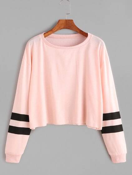 Pink Varsity Striped Sleeve Crop T-shirt