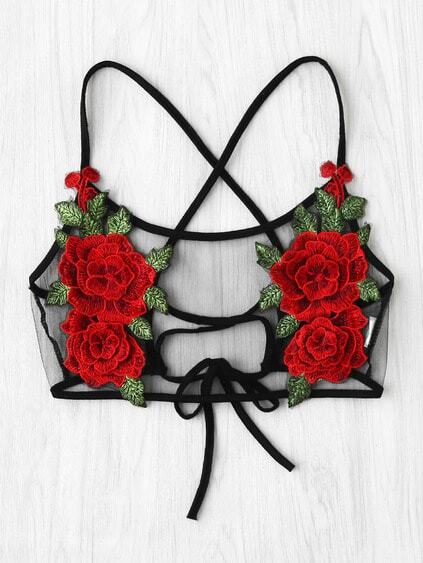 Rose Applique Lace Up Back Sheer Mesh Bralet