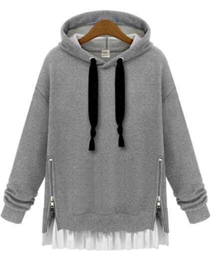 Hooded Zipper Loose Grey Sweatshirt