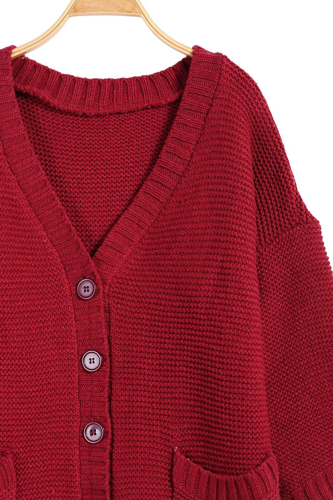 V Neck Pockets Knit Wine Red Cardigan | ROMWE