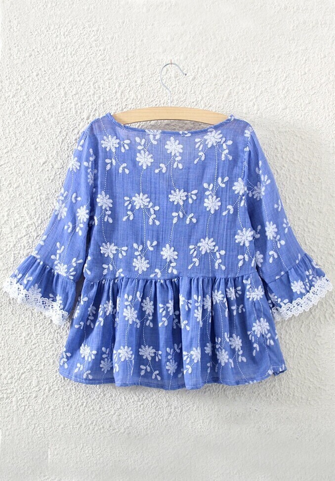 Half Sleeve Contrast Lace Embroidered Blue Top