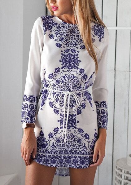 Blue Long Sleeve With Belt Vintage Print Dress