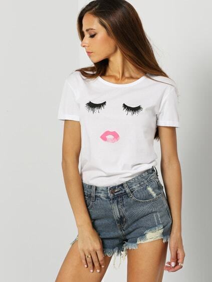 White Short Sleeve Eyelash Lip Print T-Shirt