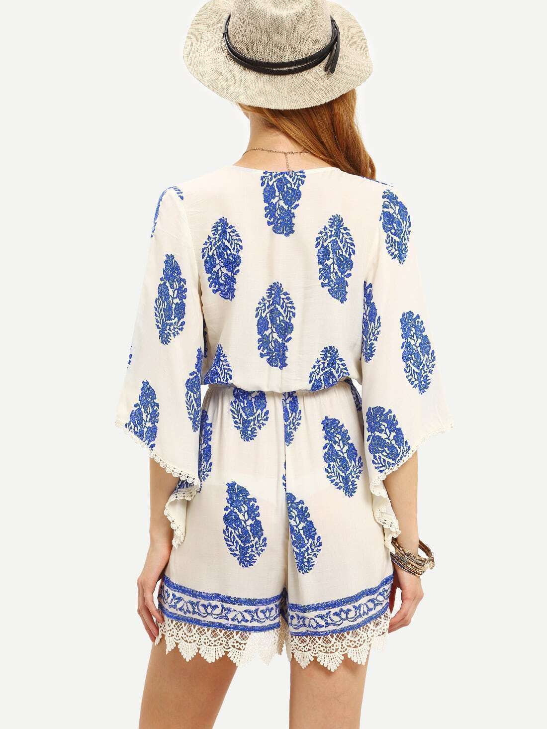 Apricot Half Sleeve Deep V Neck Vintage Print Playsuit