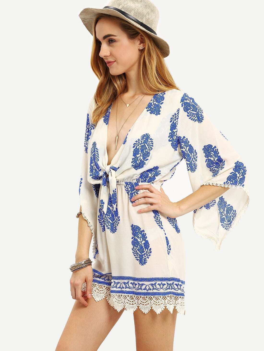 Apricot Half Sleeve Deep V Neck Vintage Print Playsuit