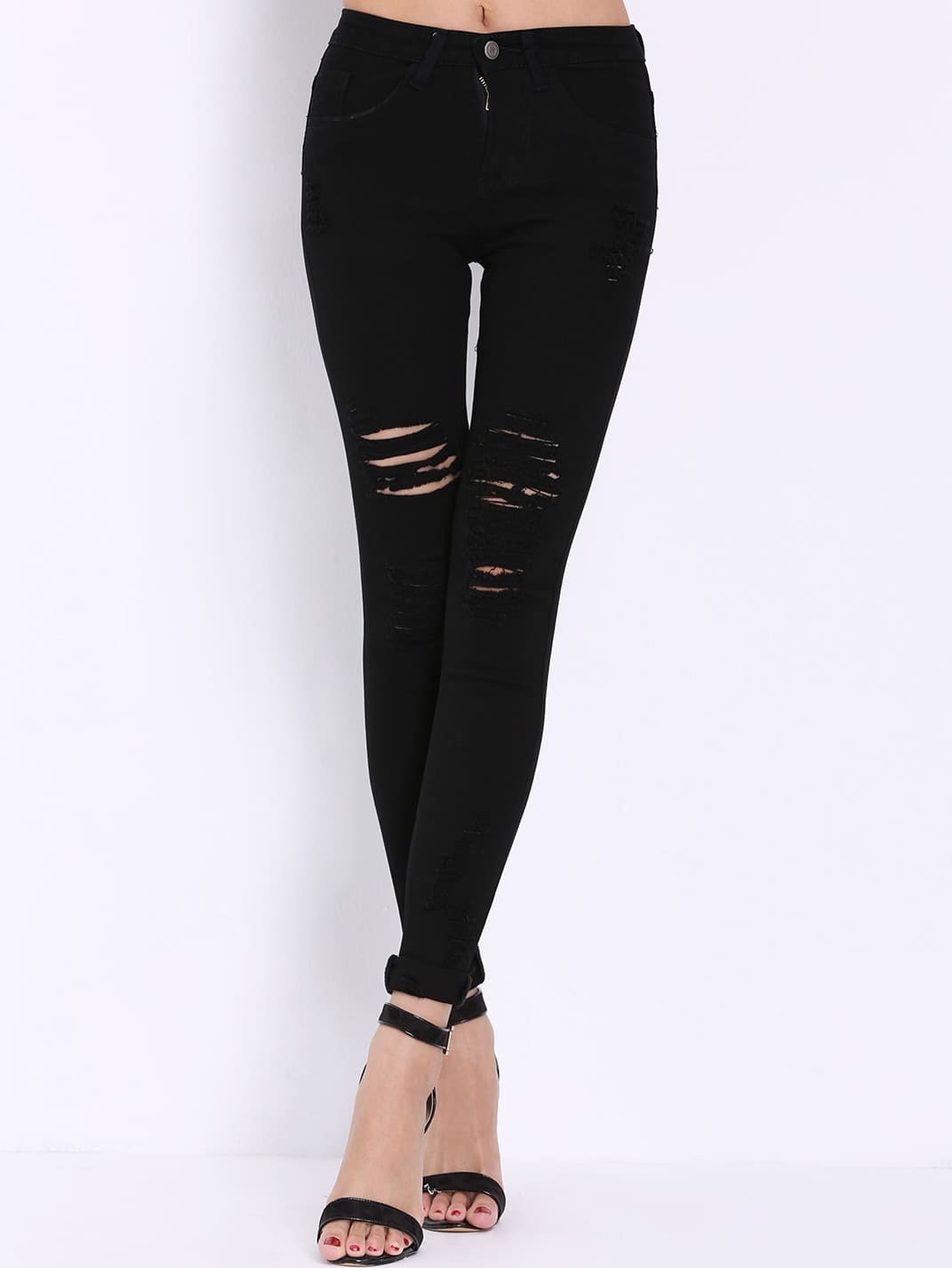 Es Esto Lo Nuevo de pantalón tiro alto rotos denim-negro ?? | ROMWE