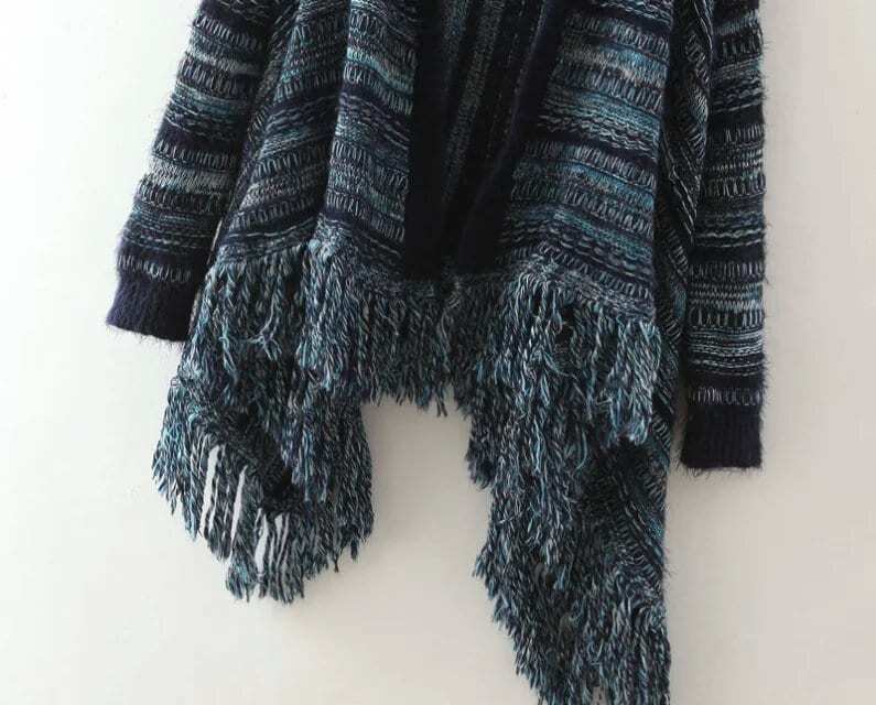 Striped Fuzzy Tassel Blue Cardigan