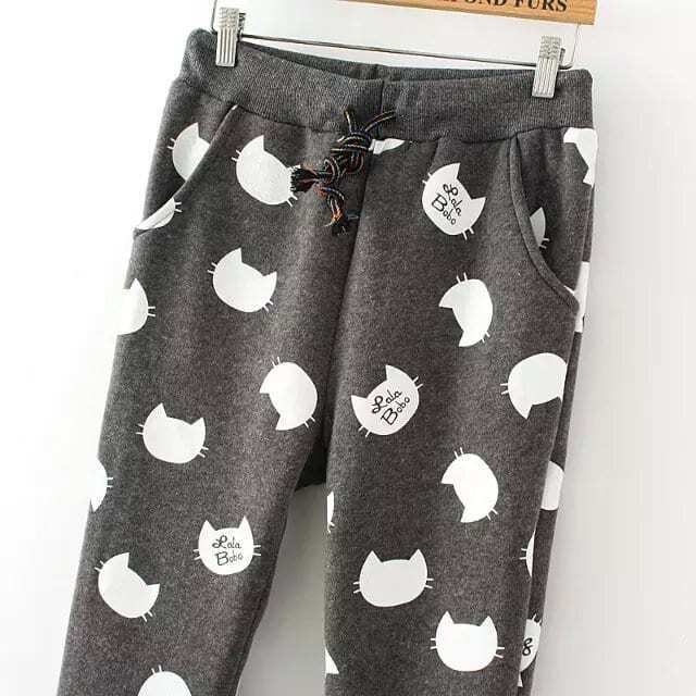 Drawstring Cat Print Grey Pant