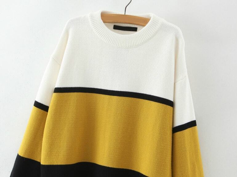 Women Crew Neck Yellow Black Striped Sweater