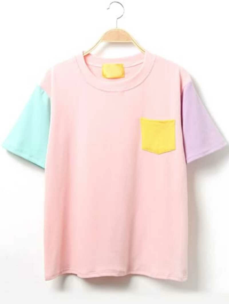 color block short sleeve t shirt with pocketfor women romwe