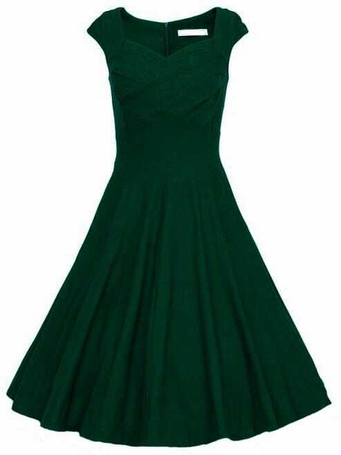 Dark Green Raw Waterfall Underskirt Heart Shape Collar Sleeveless Flare Dress